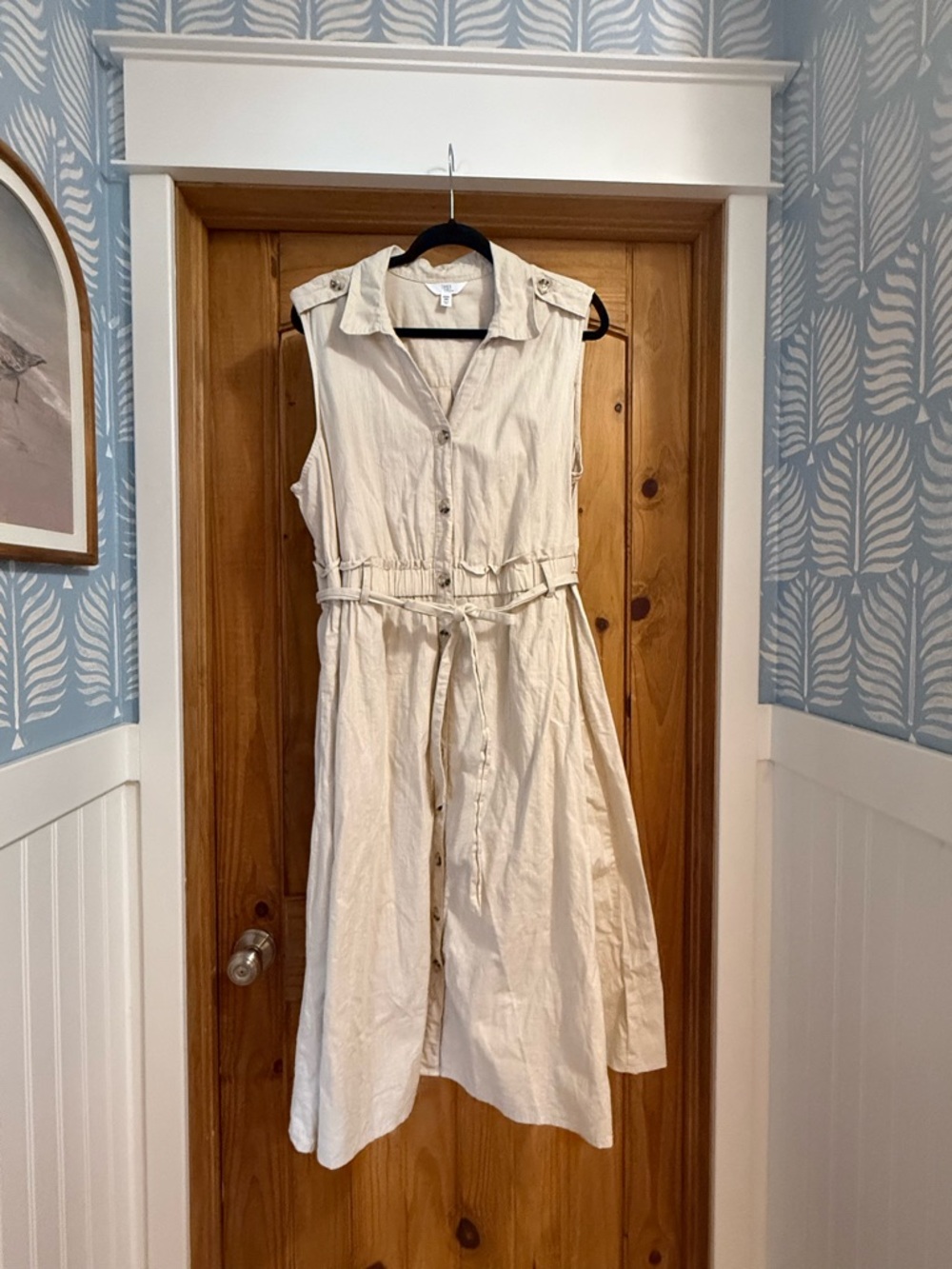 Cream Sleeveless Button-Front Cotton Dress with Tie Waist